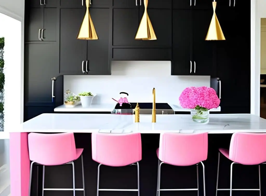 Rendered design of a black and pink kitchen