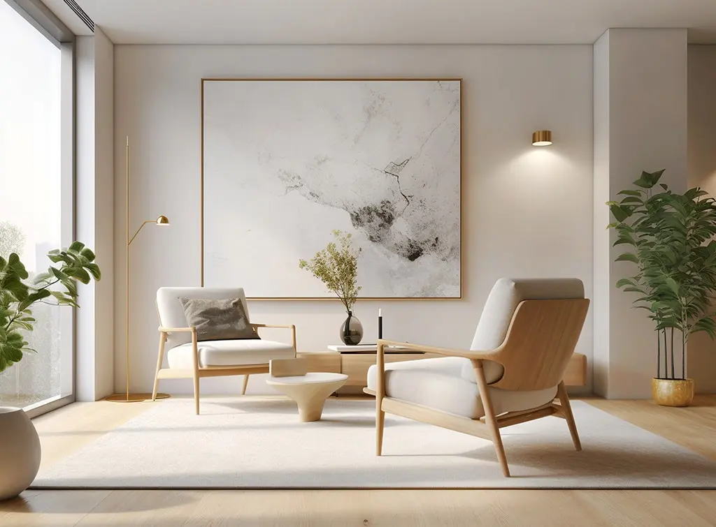 Natural wood furniture in a neutral living room