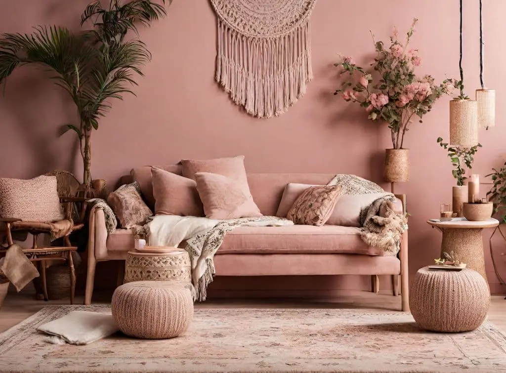 Neutral pink decor in boho styled lounge with muted and blended blush pink tones