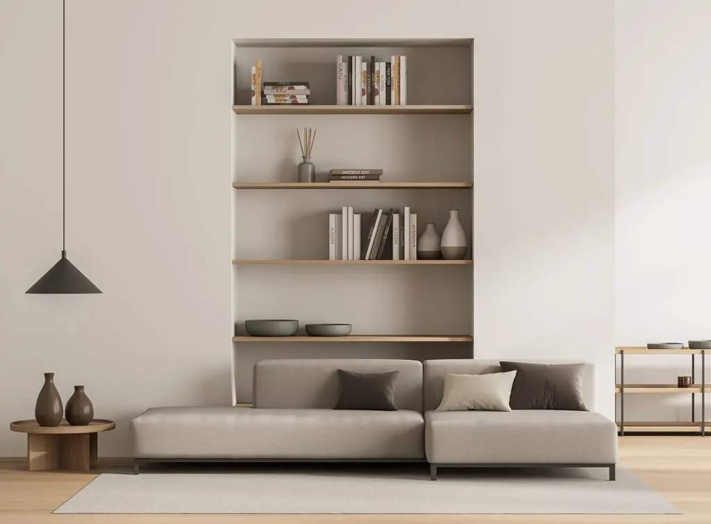 living room alcove shelving