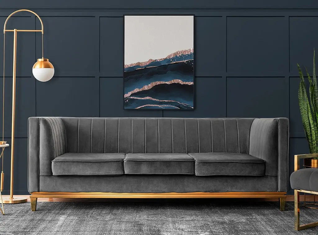 dark blue walls and grey carpet