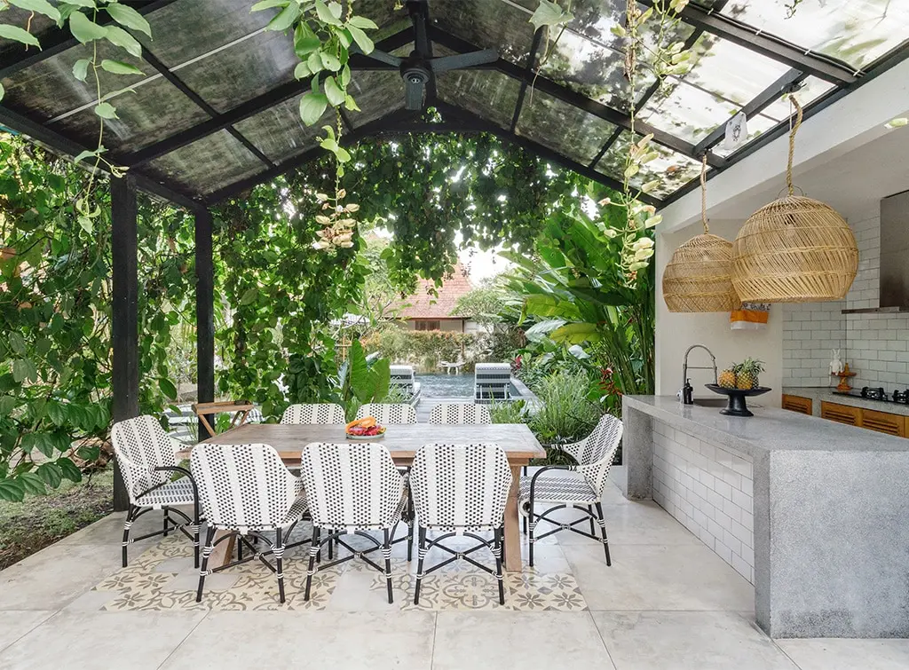 pendants lights in an outdoor kitchen gazebo