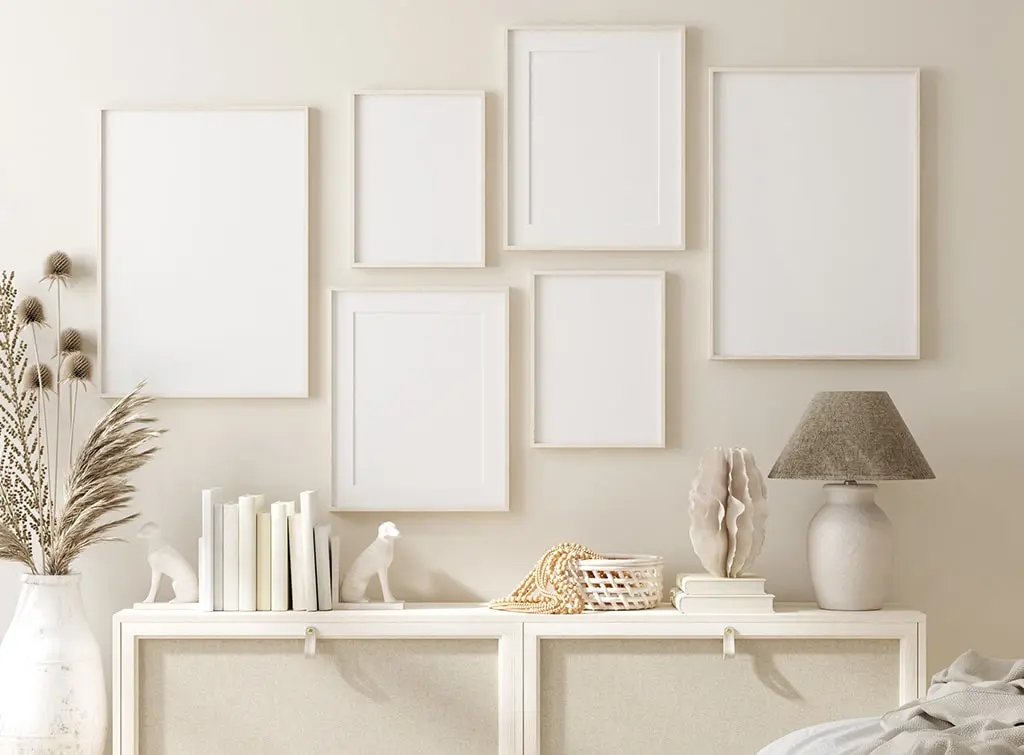 magnolia coloured wall with frames