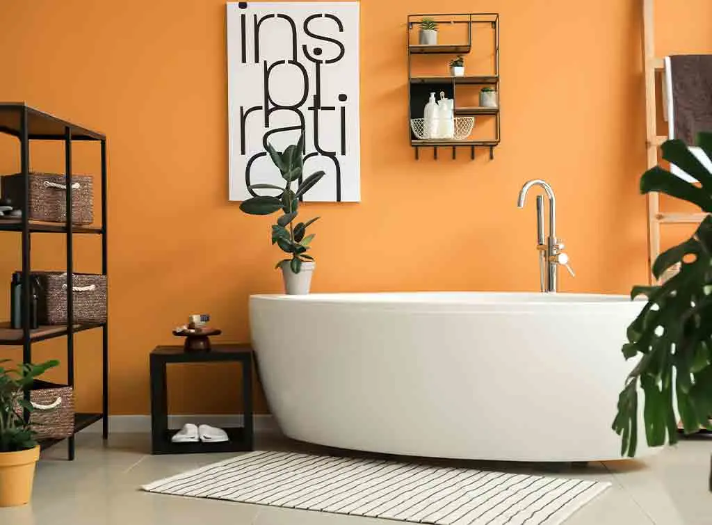 Orange wall with modern bathroom features