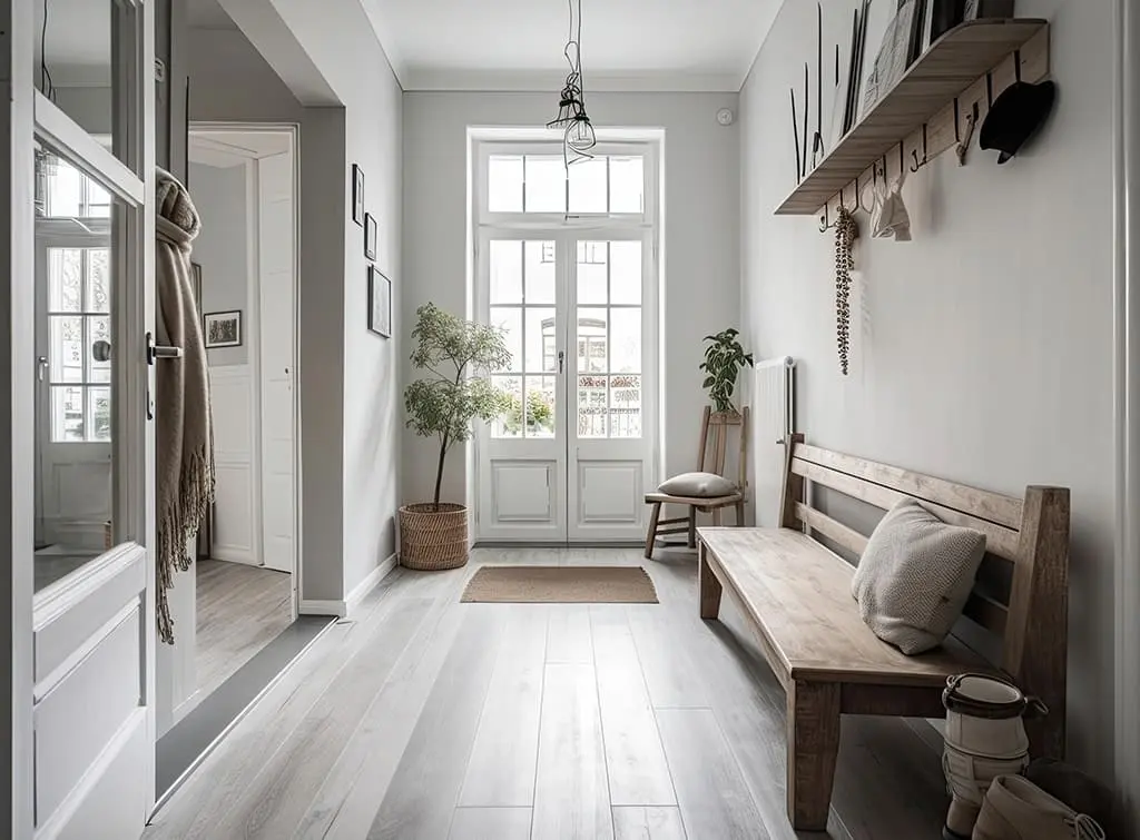 Whitewashed laminate flooring in a hallway
