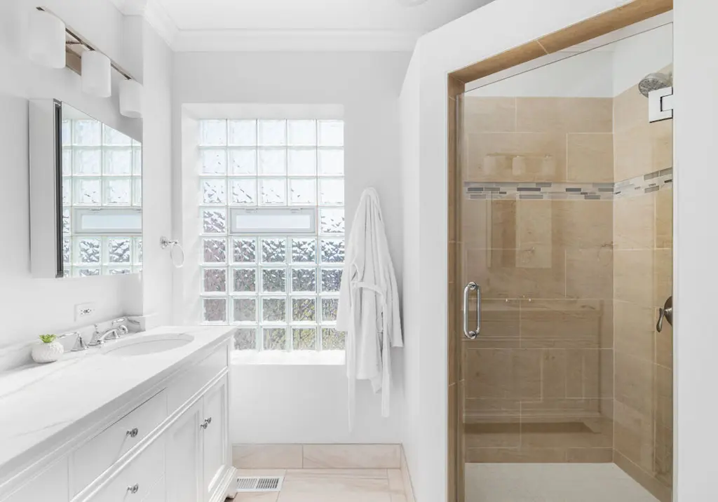 Glass block wall in bathroom
