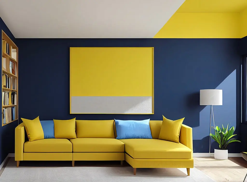 Concept image of a navy and yellow living room