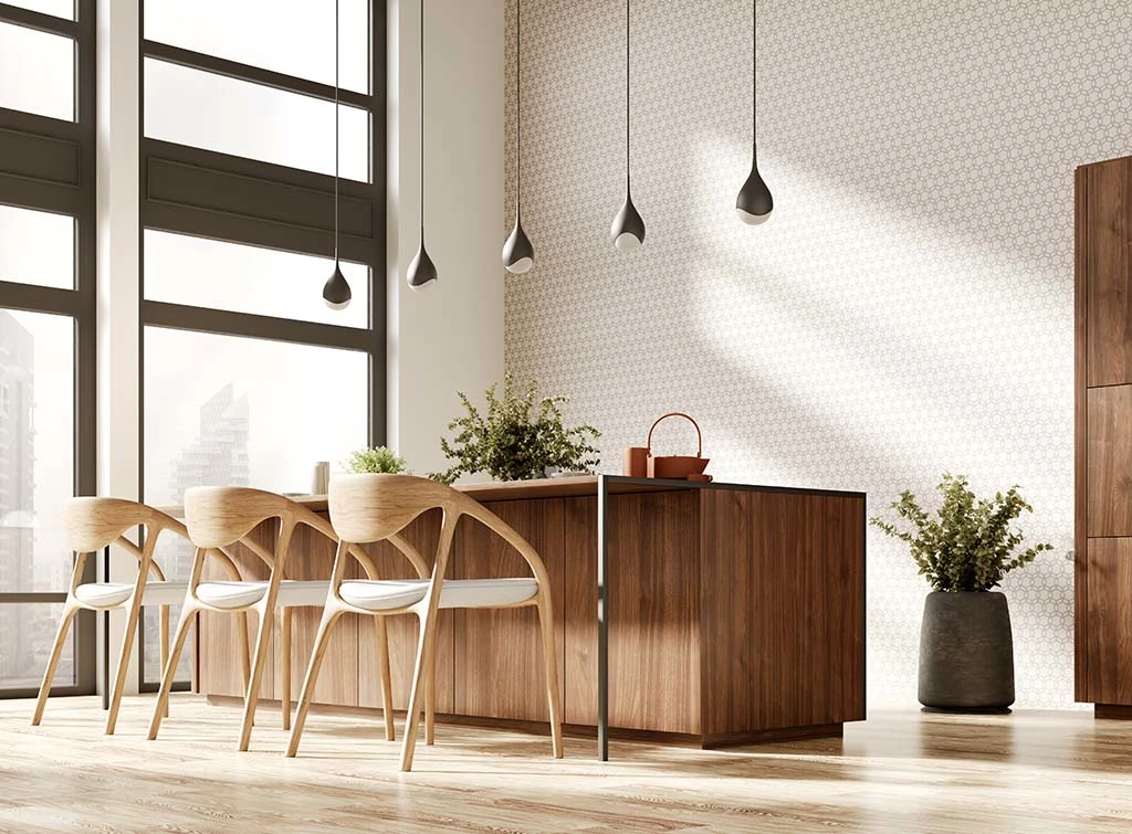 Double-height wallpaper feature wall