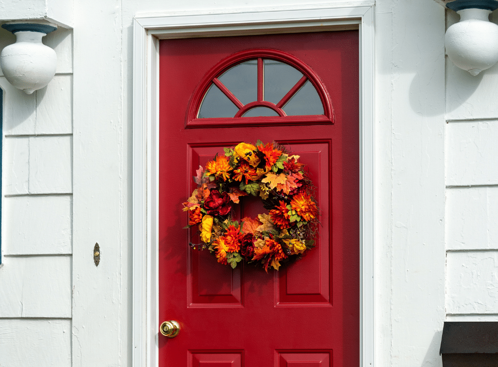 red front door autumn decor ideas