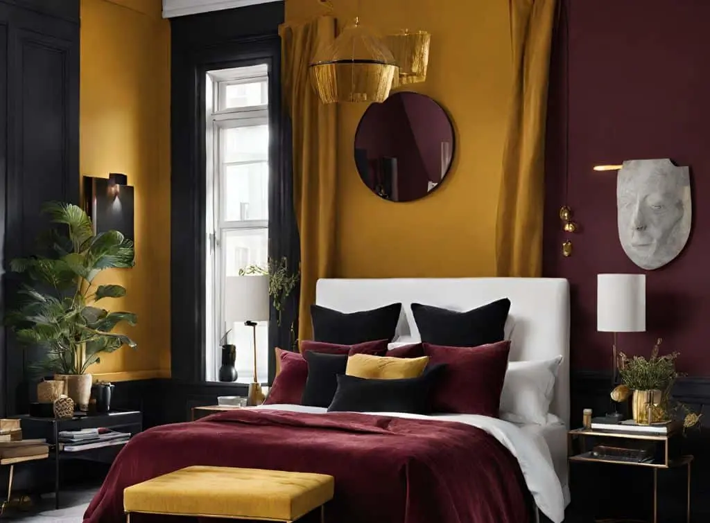 Mustard and burgundy bedroom design concept