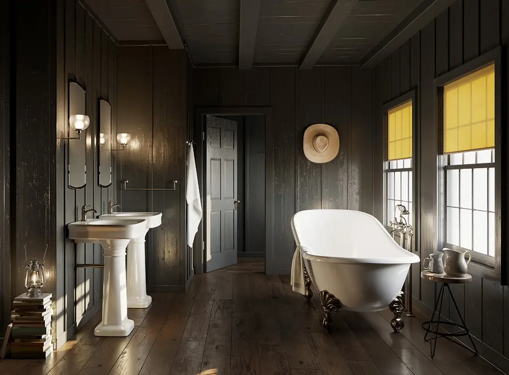 Victorian bathroom with wood floor