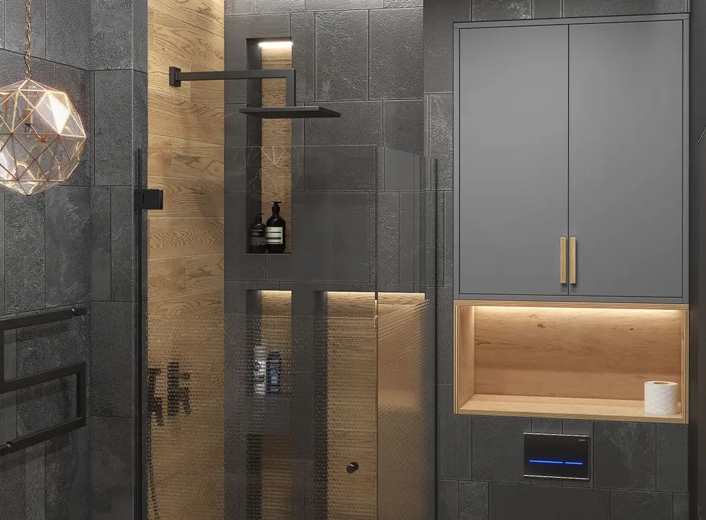 Recessed storage within a shower and above the toilet
