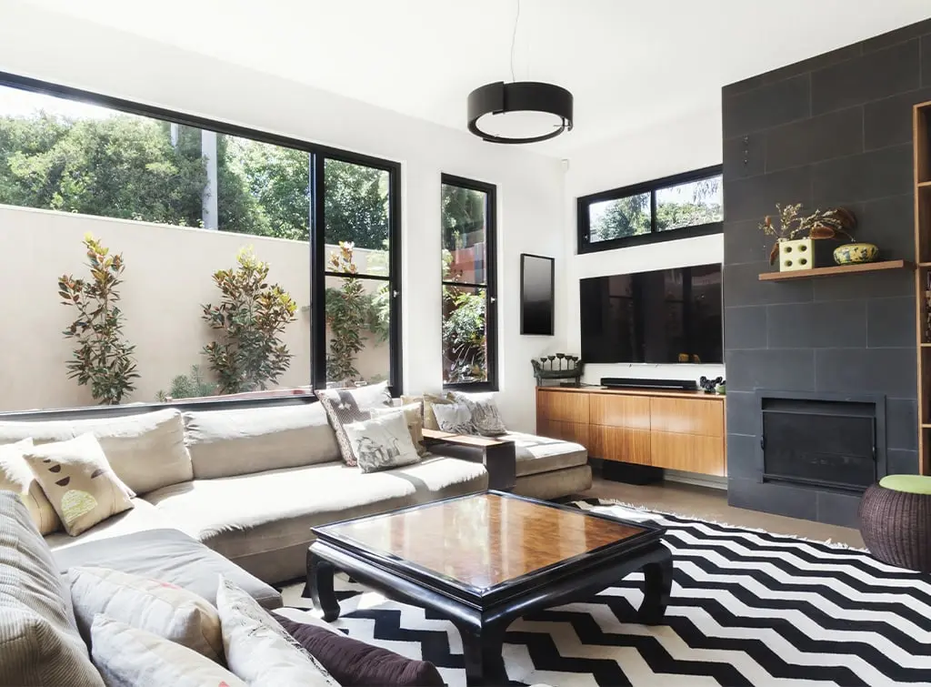pendant ceiling light in monochrome living room