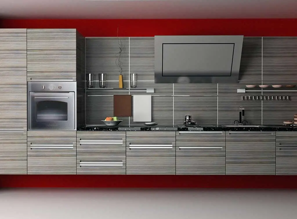 Kitchen with laminated cabinets and splashbacks