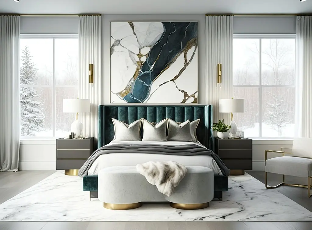 Neutral bedroom with metallic accents