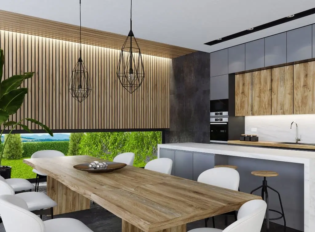 Warm wood and dark grey industrial kitchen idea