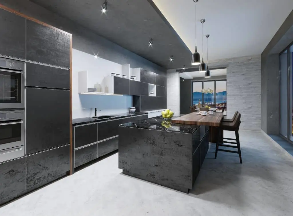 Black worktop design in stylish kitchen