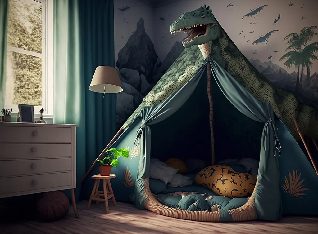 AI-generated concept of a dinosaur bedroom