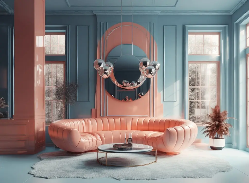 light blue and coral grand living room
