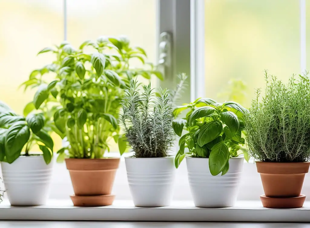 Potted herbs on window sill