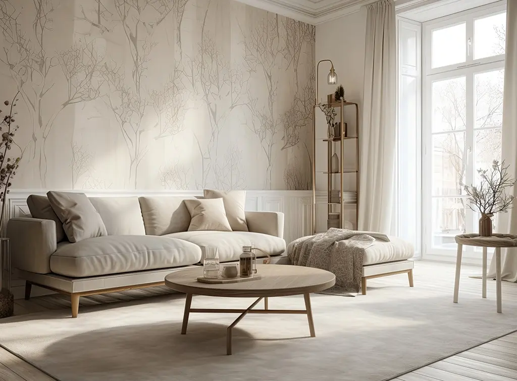 beige living room with wallpaper