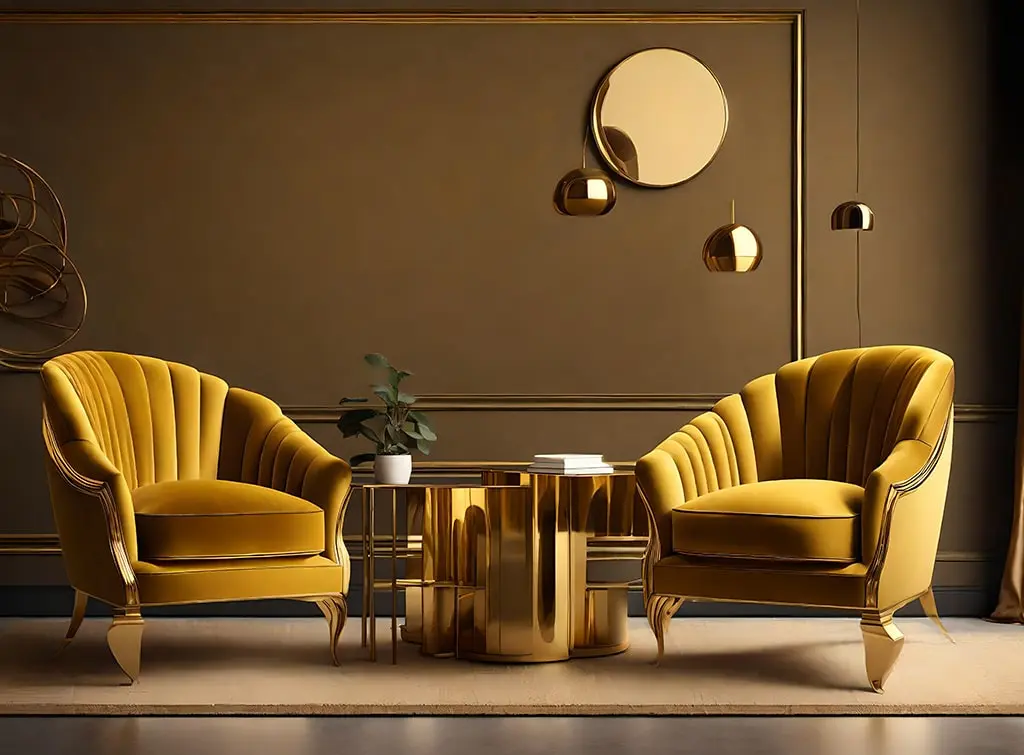 Concept image of a brown and mustard living room