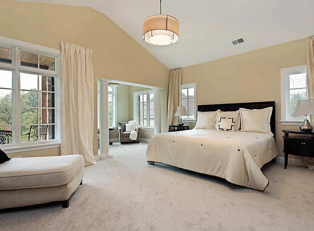 Bedroom with grey carpet and neutral decor