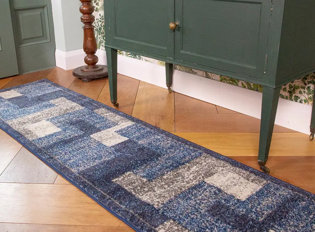 Blue, grey, and white hallway runner idea
