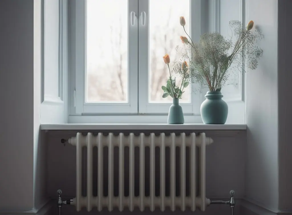 Grey column radiator in a living space