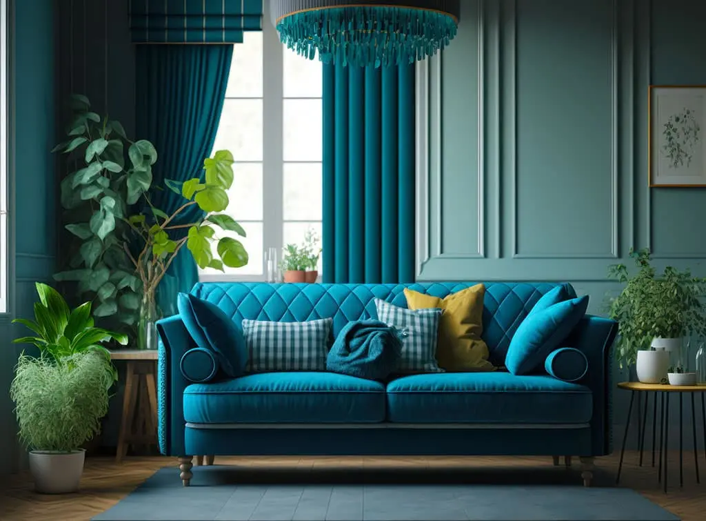 electric blue living room with plants