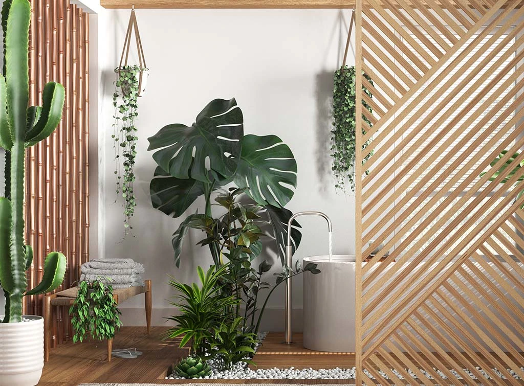wooden panel in bathroom with plants