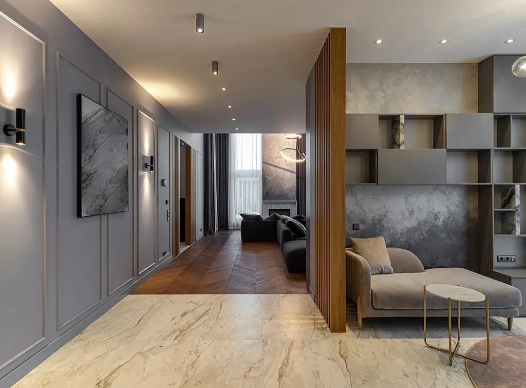 Wall sconces in an open-plan living room