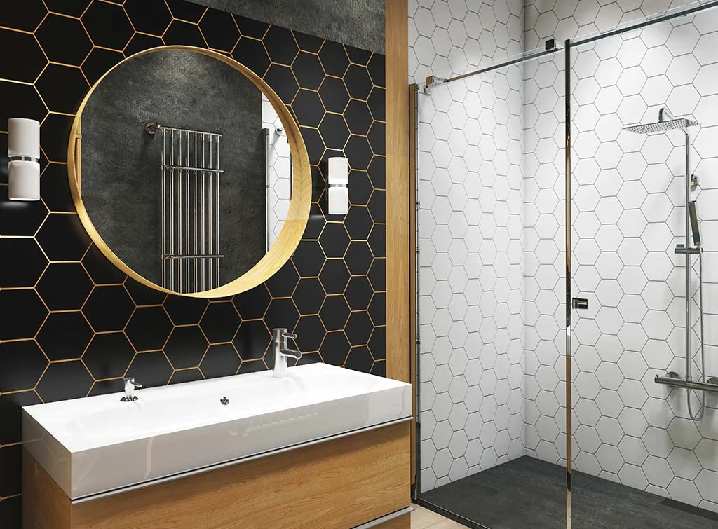 gold grout in bathroom