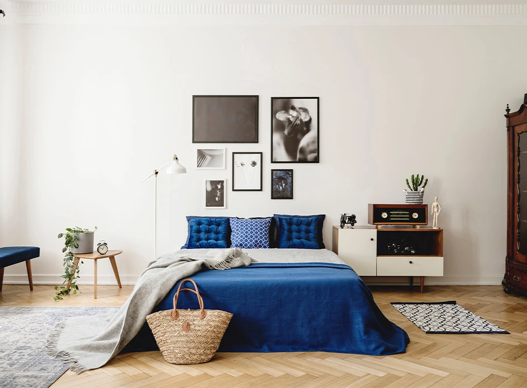 navy blue and cream bedroom