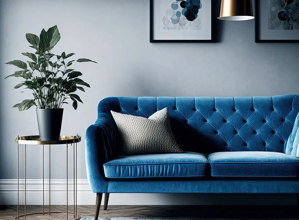 navy sofa in living room