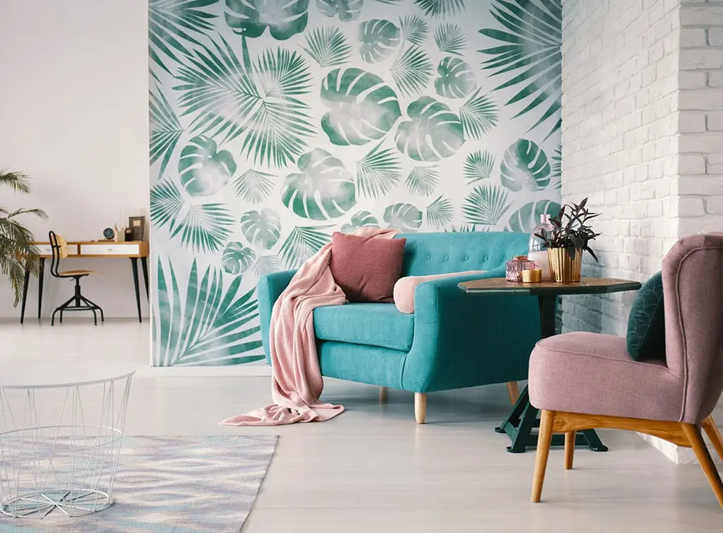 botanical leaf wallpaper living room