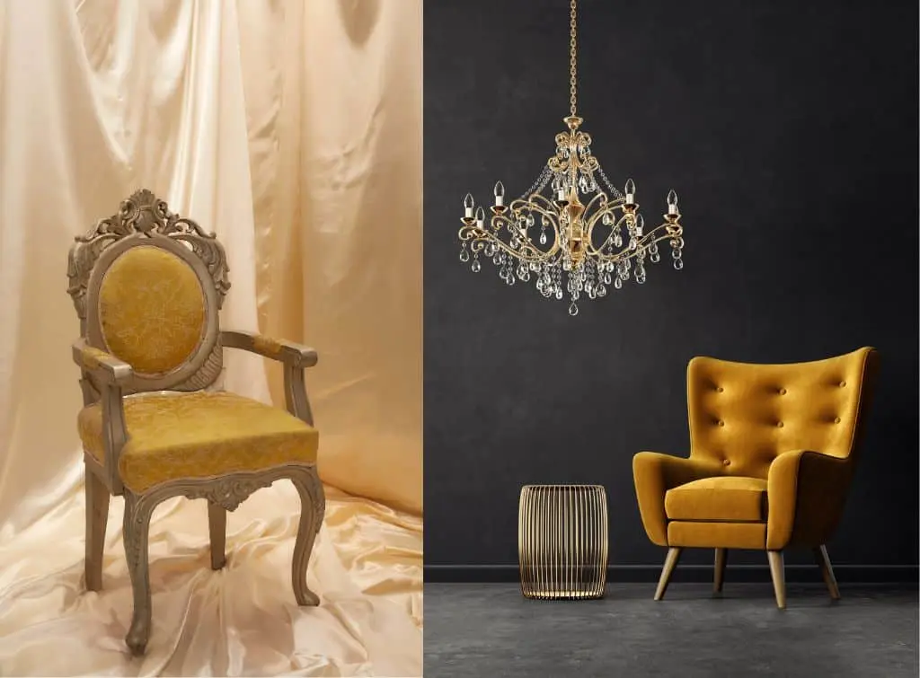 Gold chairs and chandeliers for a Regencycore vibe