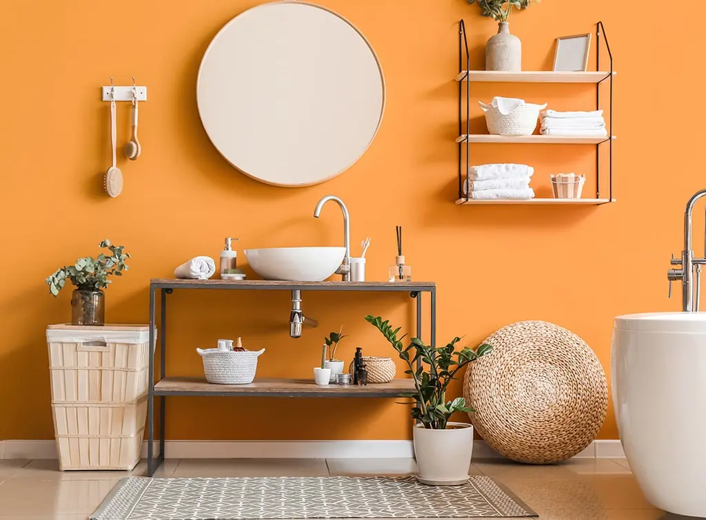 orange bathroom feature wall