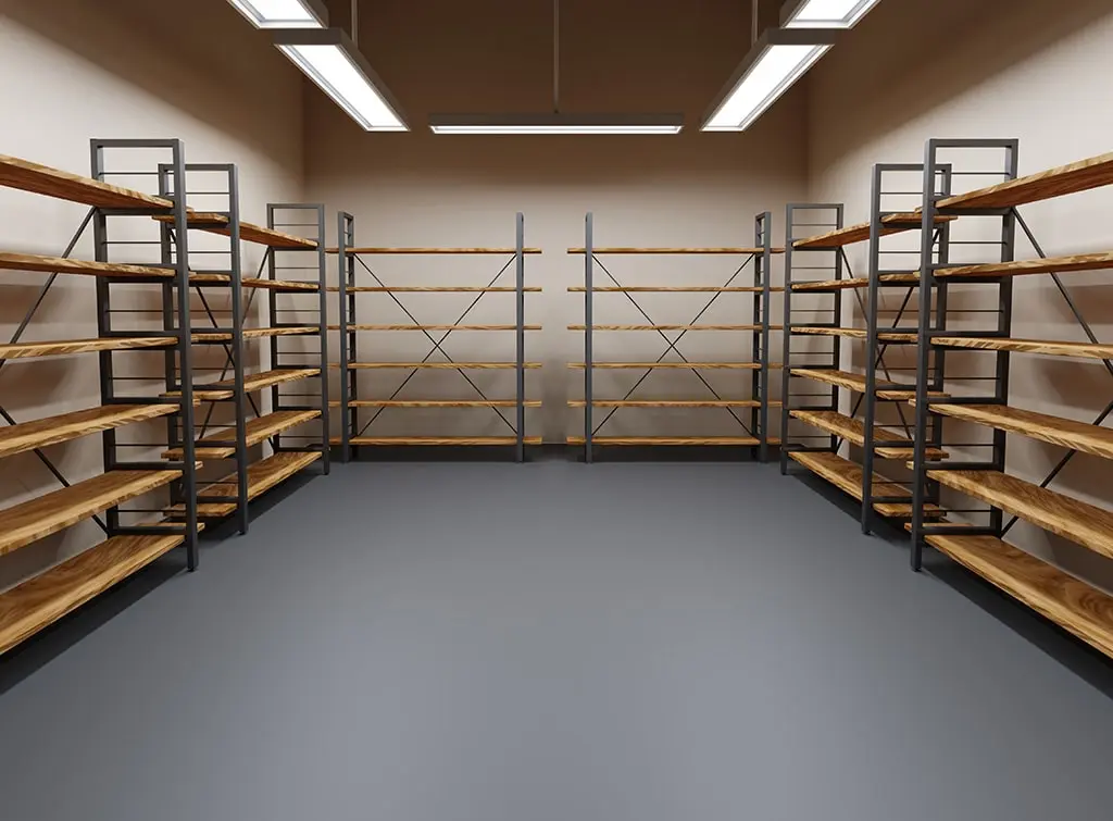 wooden shelving in garage