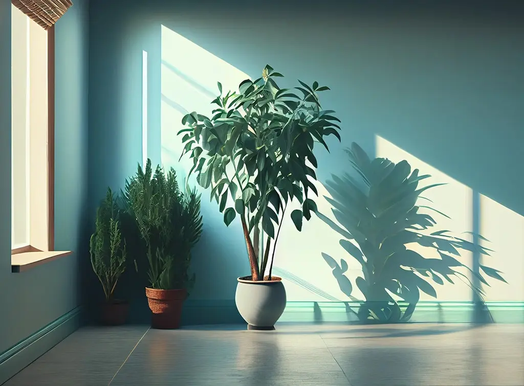 soft teal walls and plants living room idea