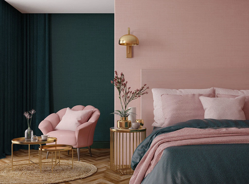pink and green art deco bedroom
