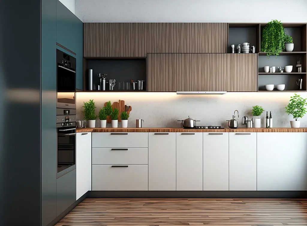 Dark teal and zebrawood two-tone kitchen concept