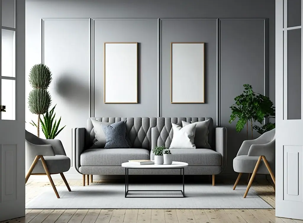 Narrow living room with grey tones and exposed furniture legs