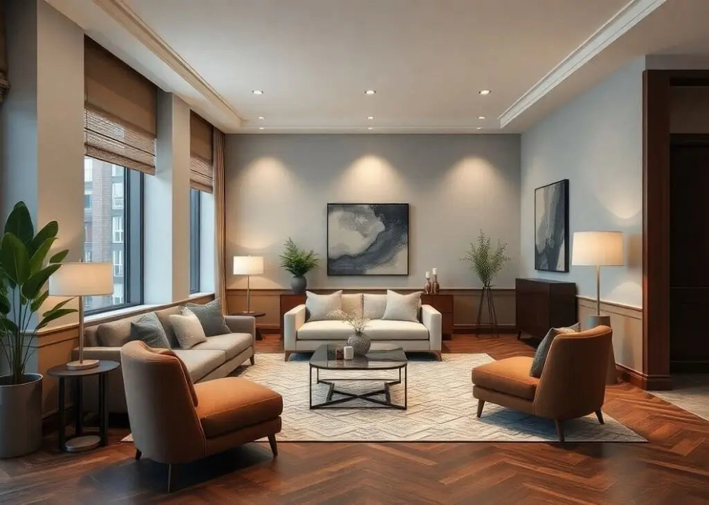 A living area decorated with half of wall in a mocha mousse shade