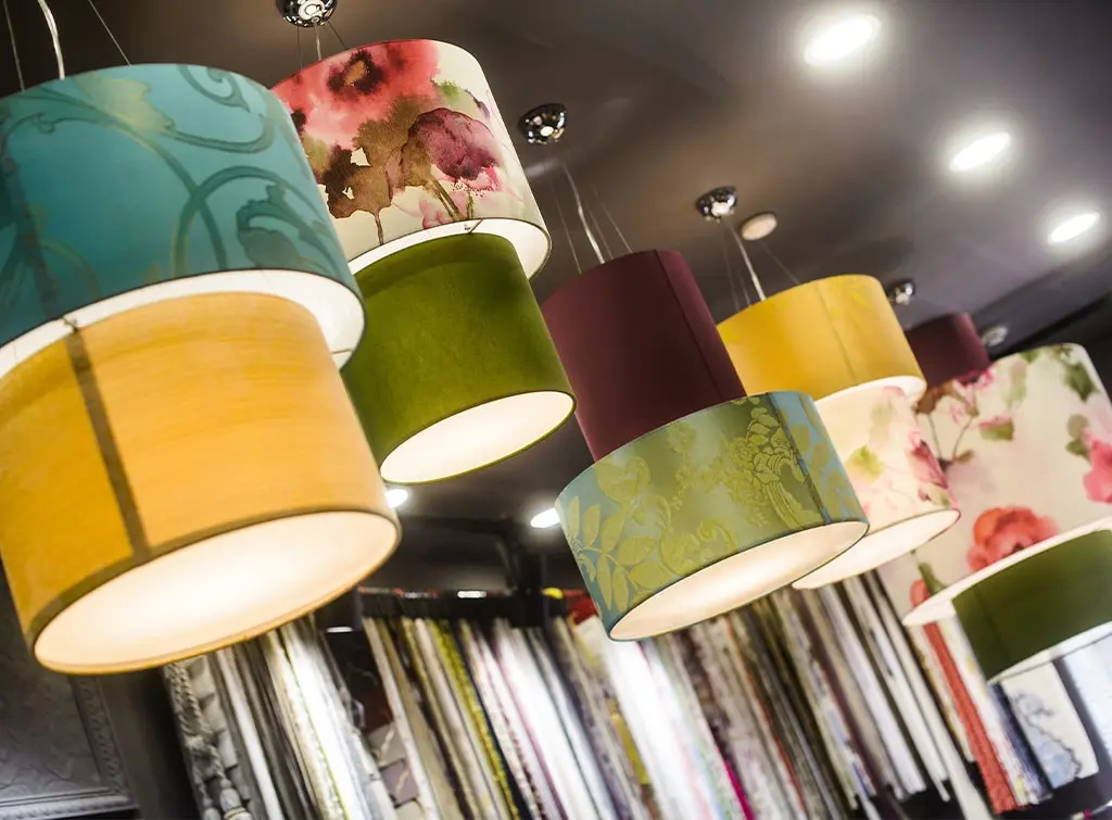 patterned ceiling lampshades in living room