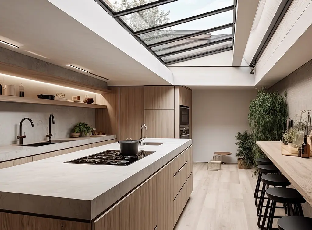 Side return with vaulted ceiling and skylights