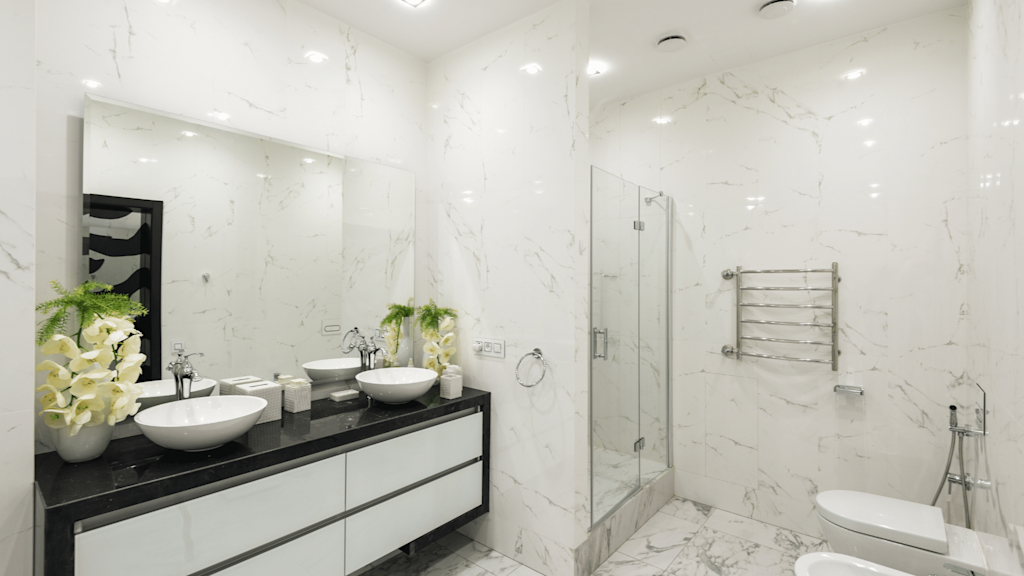 Mirrored glass bathroom splashback for illusionary design