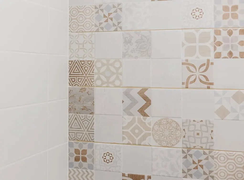 Bathroom patterned tiles in mocha mousse colourways