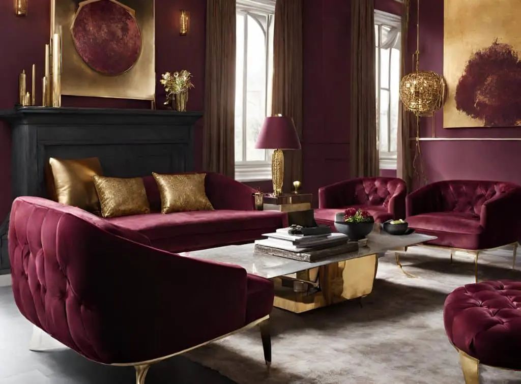 Gold and burgundy design concept for a living room