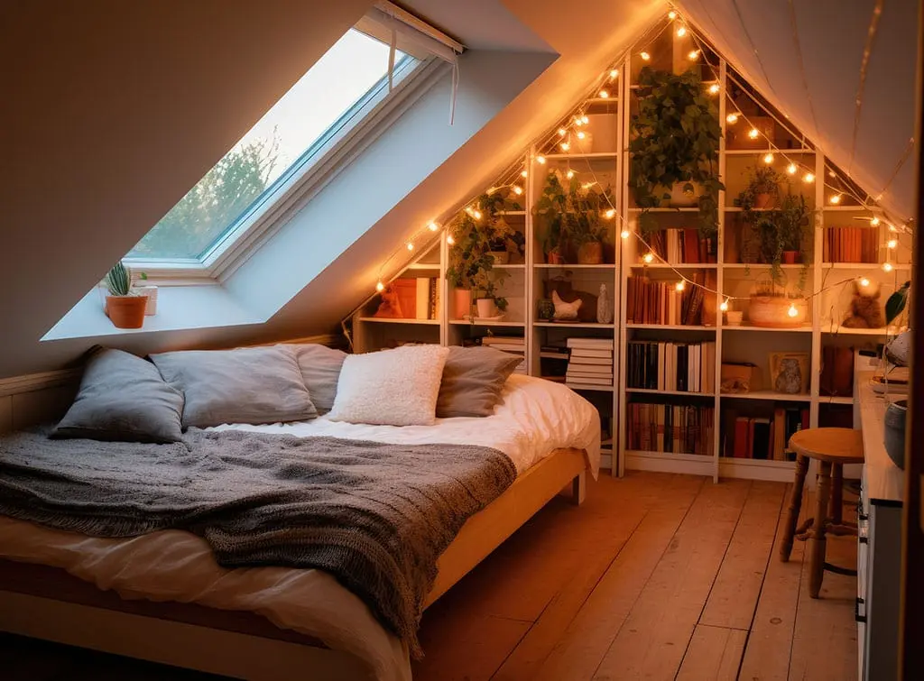 A cosy loft bedroom with festoon lights